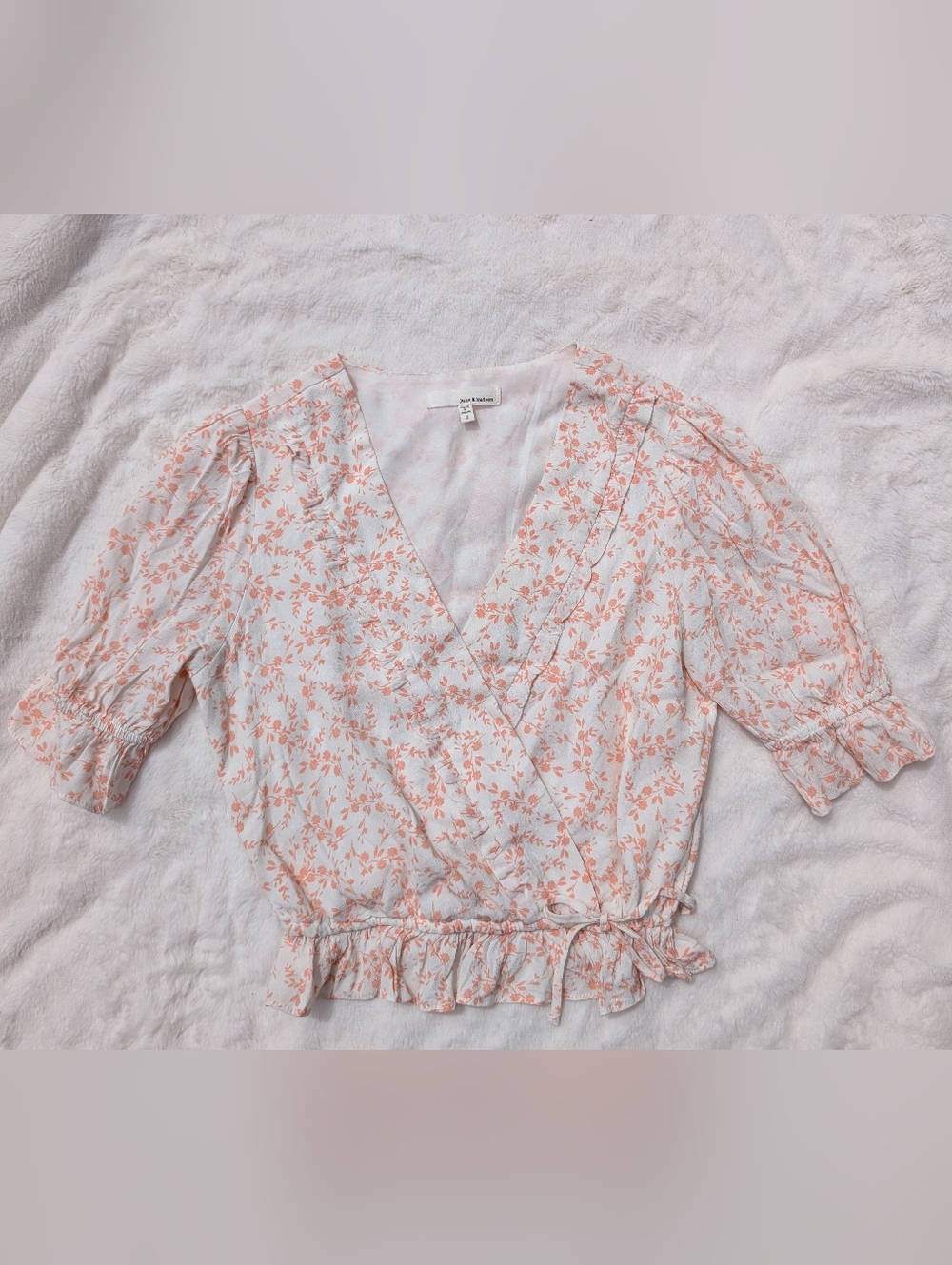 June And Hudson Off White Blouse with Peach Floral Print Wrap Front Size Sm